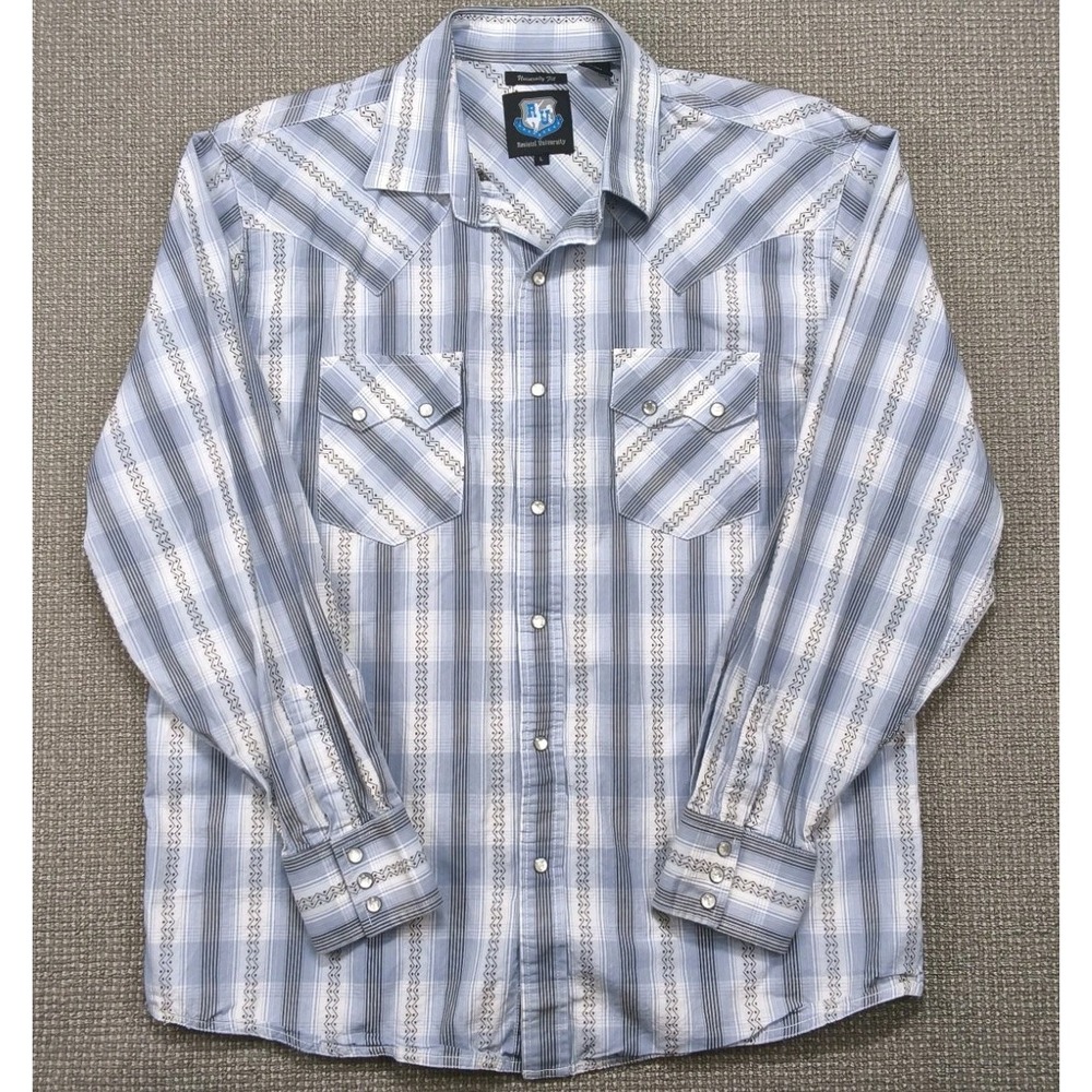 Resistol University Plaid Pearl Snap Western Shirt Grey Blue Large